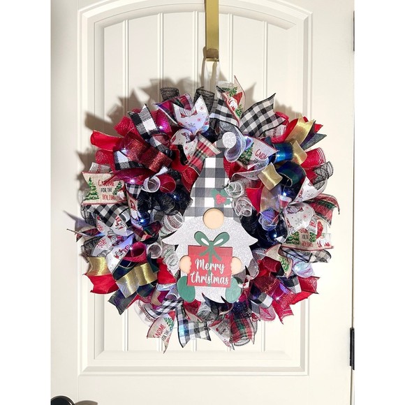 Handmade Merry Christmas Gnome Holiday Ribbon Door Wreath 22 ins W44 - Picture 12 of 12